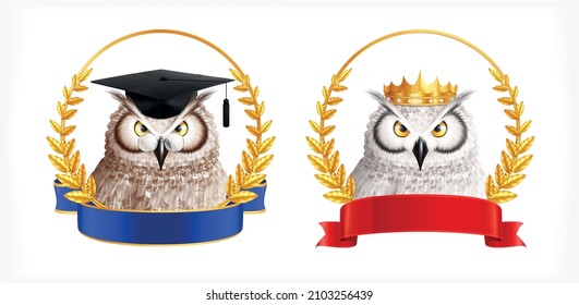 Set of two isolated emblems with images of realistic owl laurel wreath and empty ribbon badge vector illustration