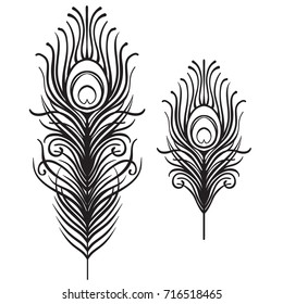 Set of two isolated feathers. Retro hand drawn vector illustration. Art deco style. Vector. Roaring 1920's design. Jazz era inspired . 20's. Vintage Temporary tattoo design, textile, t-shirt print. 