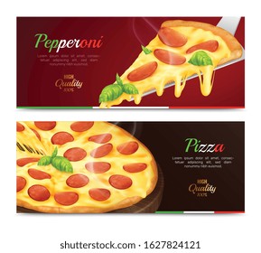 Set of two isolated hot pizza with piece realistic horizontal banners with editable text and pizza slices vector illustration