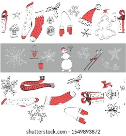 Set of two isolated on white Christmas vector endless horizontal brushes and isolated elements