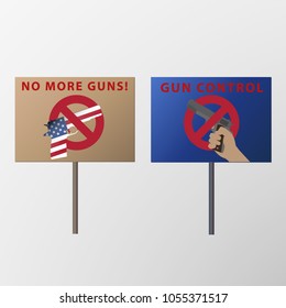 Set of two isolated posters with guns inside of prohibition sign and inscriptions "No more guns" and "Gun control"