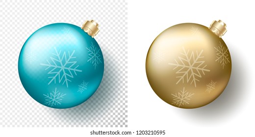 Set of two isolated Realistic Christmas transparent Baubles, spheres or balls in metallic golden and blue color with snowflakes pattern, gold decorative caps and shadow. Vector illustration eps10