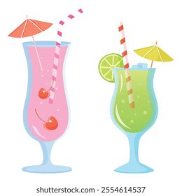 Set of two isolated tropical cocktails with straws and fruits. Vector illustration