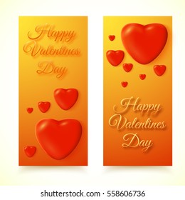 Set of two isolated vertical banners with happy valentines day written style congratulatory message and red hearts vector illustration