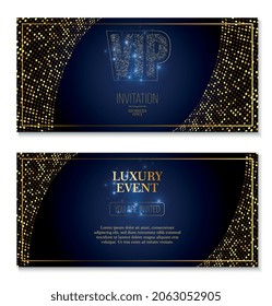 Set of two isolated vip party premium banners with dark blue background golden dots and text vector illustration