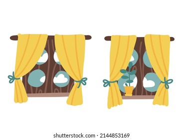 Set of two isolated windows look out on the scenery, beautiful and natural. Wooden rustic window from a medieval fairy tale with yellow curtains. Cartoon flat hand drawn vector illustration.