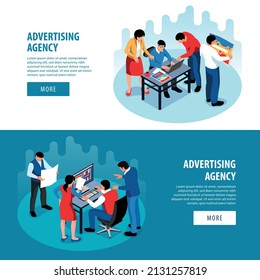 Set of two isometric advertising agency horizontal banners with text more buttons and characters of coworkers vector illustration