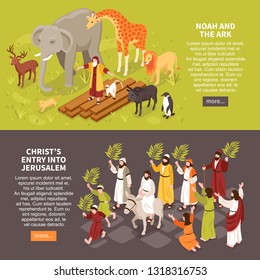 Set of two isometric bible narratives horizontal banners with text description characters of people and animals vector illustration