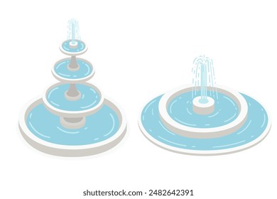 Conjunto de dos fuentes isométricas con Ilustración vectorial de agua aisladas sobre fondo blanco