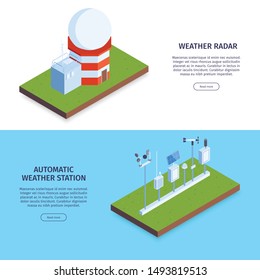 Set of two isometric meteorological center horizontal banner with images of radars editable text and buttons vector illustration