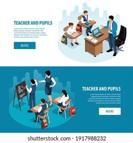 Set of two isometric school banners with characters of teacher with pupils editable text and button vector illustration