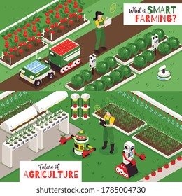 Conjunto de dos banderas horizontales de granja isométrica inteligente con vistas al exterior de las plantaciones con robots agrícolas ilustración vectorial