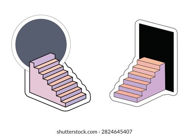 Set of two isometric staircases leading into dark portals, cartoon style vector illustration isolated on white background.