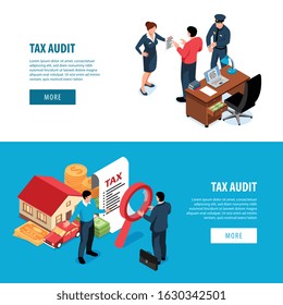 Set of two isometric tax accounting horizontal banners with clickable more button editable text and images vector illustration
