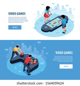 Set of two isometric video game horizontal banners with clickable buttons text people and joystick images vector illustration