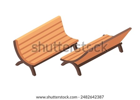 Set of two isometric wooden benches front and back view vector illustration isolated on white background