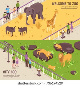 Set of two isometric zoo horizontal banners with compositions of african animals visitors and editable text vector illustration