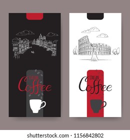 Set of two Italian coffee labels with Venice and Rome landscapes on black and white background. Great for cafe, restaurant, travel and cafe ads, brochures, labels.