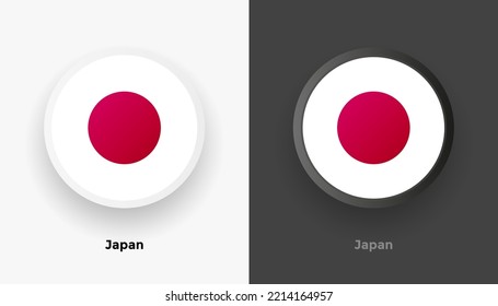 Conjunto de dos botones de bandera de Japón en fondo blanco y negro. Resumen de botones brillantes redondeados metálicos con bandera nacional