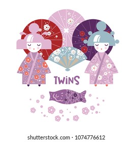 Set of two Japanese girls and fish in cartoon style. Kokeshi doll, umbrella, fun, flowers. Text twins. Gemini zodiac sign. Vector illustration.