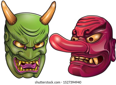 Set of two japanese oni demon masks vector illustration