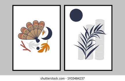 Set two of Japanese Scandinavian ( Japandi ) Wall art. Bamboo, leafs and fan wall decor. Minimalist home decorations with navy, yellow color. Vector Ilustration.