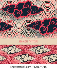 a set of two japanese style seamless patterns with clouds floating above a dotted background in red, ivory and black