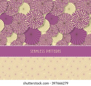  A set of two Japanese style umbrella seamless patterns in a vintage purple and ivory color palette
