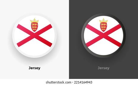 Conjunto de dos botones de la bandera de Jersey en fondo blanco y negro. Resumen de botones brillantes redondeados metálicos con bandera nacional