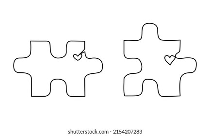 Set of two jigsaw puzzle pieces with little hearts in outline. Continuous line drawing for relationship concept or dating app. Minimalist vector illustration for couple anniversary, marriage therapy