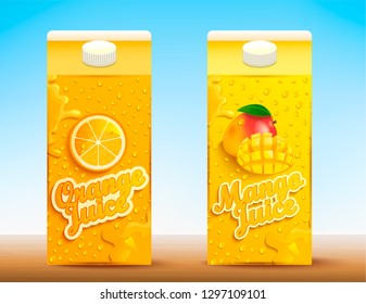 Set of two juice carton packages with label. Fresh and natural orange and mango juice for your brand,logo, template, emblem for packing, advertise. Vector illustration.