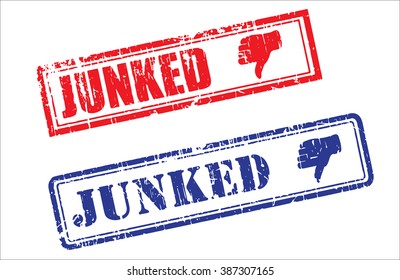 Set of two JUNKED grunge realistic rubber stamps icons with thumbs down logo. Red and Blue colors, different fonts,shapes,corners, isolated on white background.editable Vector illustration EPS 10.

