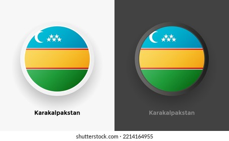Set of two Karakalpakstan flag buttons in black and white background. Abstract shiny metallic rounded buttons with national country flag
