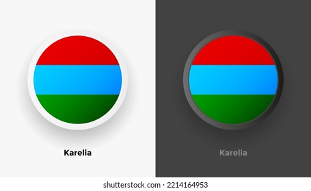 Conjunto de dos botones de la bandera de Karelia con fondo en blanco y negro. Resumen de botones brillantes redondeados metálicos con bandera nacional