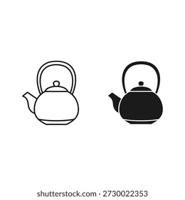 Set of two kettle icons, outline and filled, isolated on