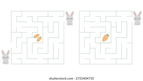 Conjunto de dos rompecabezas de laberinto cuadrado para niños con conejitos y zanahorias. Un laberinto con una entrada y un laberinto con dos entradas que conducen al centro. Laberintos simples de línea negra, hojas de trabajo imprimibles, juegos educativos