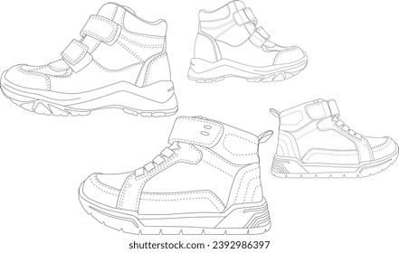 A set of two kids velcro sneakers, sneakers boots, outline drawing vector, Sneakers template outline, vector Illustration.
