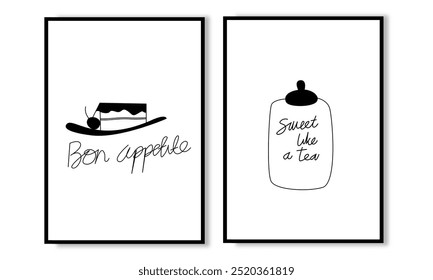 Set of two kitchen wall art vector. Bon appetite wall decoration for restaurant. Minimalist wall print, wallpaper, wall decor and cover.