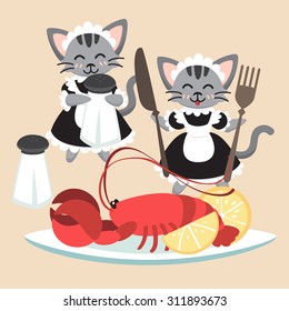 Set Of Two Kitten Maids Serving A Lobster Dinner.