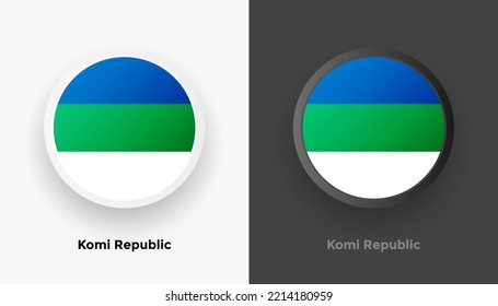 Satz von zwei 
Flaggenknöpfe der Komi Republik auf schwarz-weißem Hintergrund. Abstrakte, glänzende, abgerundete Buttons mit Landesflagge
