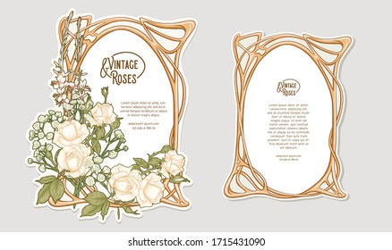 Set of two labeles, decorative frame, border with rose in art nouveau style, vintage, old, retro style. Tamplate, good for product label with place for text. Colored vector illustration