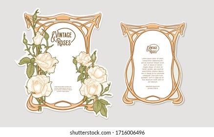 Set of two labeles, decorative frame, border with rose in art nouveau style, vintage, old, retro style. Tamplate, good for product label with place for text. Colored vector illustration