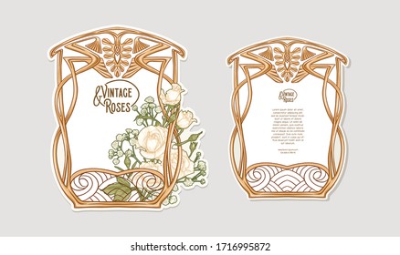 Set of two labeles, decorative frame, border with rose in art nouveau style, vintage, old, retro style. Tamplate, good for product label with place for text. Colored vector illustration