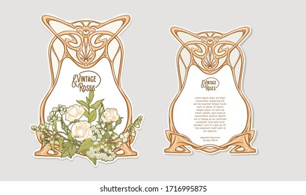 Set of two labeles, decorative frame, border with rose in art nouveau style, vintage, old, retro style. Tamplate, good for product label with place for text. Colored vector illustration