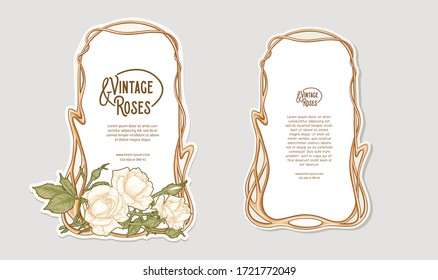 Set of two labeles, decorative frame, border with rose in art nouveau style, vintage, old, retro style. Tamplate, good for product label with place for text. Colored vector illustration