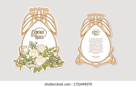 Set of two labeles, decorative frame, border with rose in art nouveau style, vintage, old, retro style. Tamplate, good for product label with place for text. Colored vector illustration