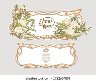 Set of two labeles, decorative frame, border with rose in art nouveau style, vintage, old, retro style. Tamplate, good for product label with place for text. Colored vector illustration