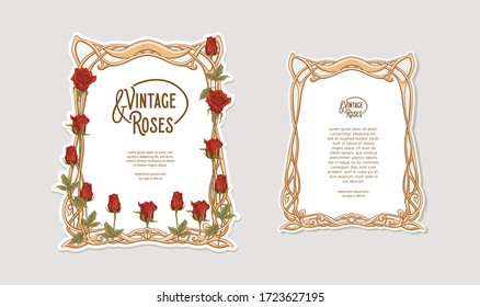 Set of two labeles, decorative frame, border with rose in art nouveau style, vintage, old, retro style. Tamplate, good for product label with place for text. Colored vector illustration