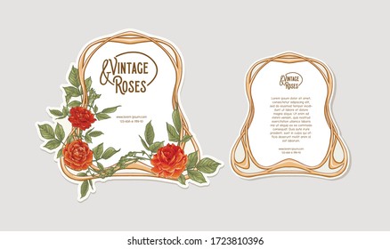 Set Of Two Labeles, Decorative Frame, Border With Rose In Art Nouveau Style, Vintage, Old, Retro Style. Tamplate, Good For Product Label With Place For Text. Colored Vector Illustration