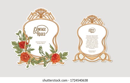 Set of two labeles, decorative frame, border with rose in art nouveau style, vintage, old, retro style. Tamplate, good for product label with place for text. Colored vector illustration